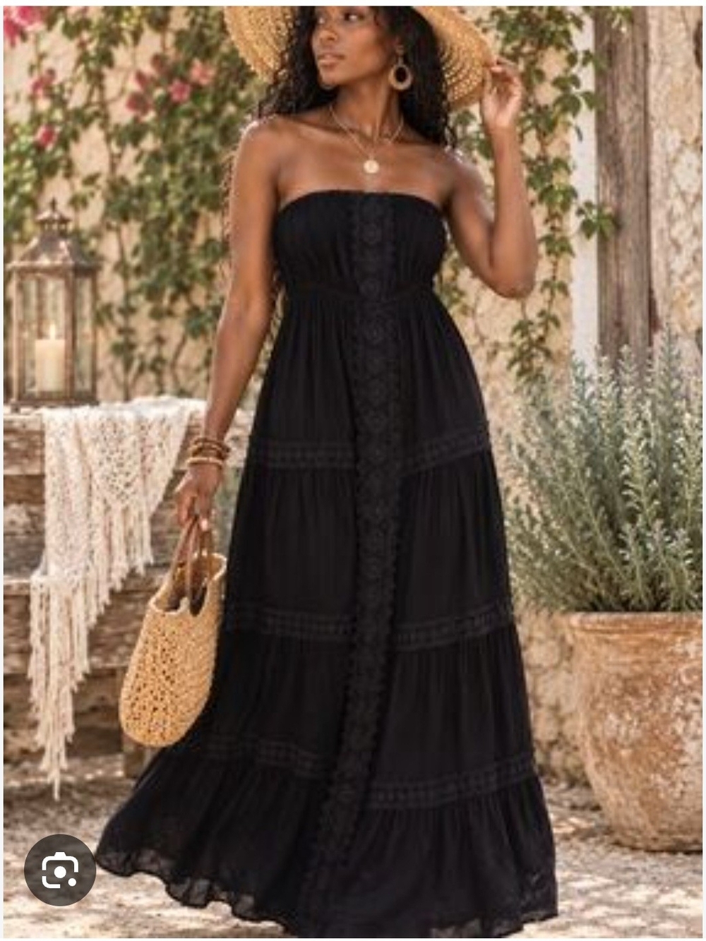 Strapless Black Maxi Dress with Lace Trim